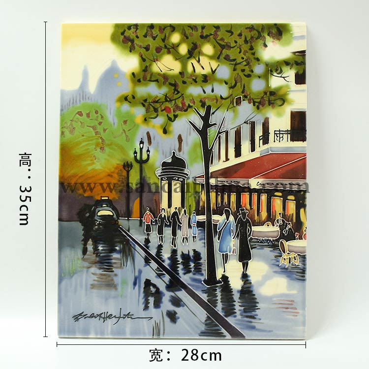 山水風景三彩瓷板畫